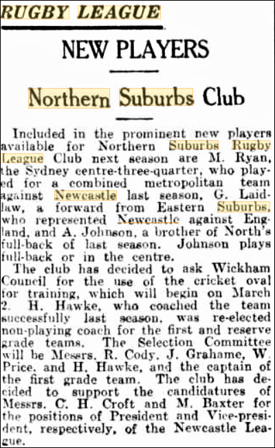 Northern Suburbs new Players 1937.