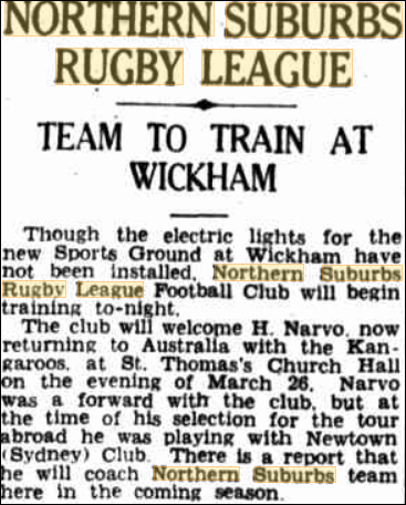 Northern Suburbs to begin training 1938.