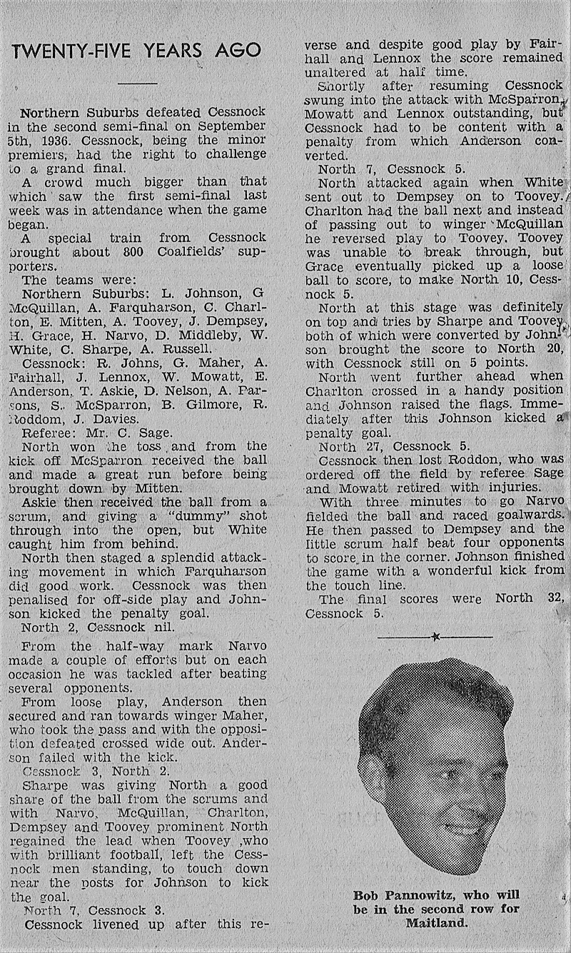 Northern Suburbs defeat Cessnock 1936.