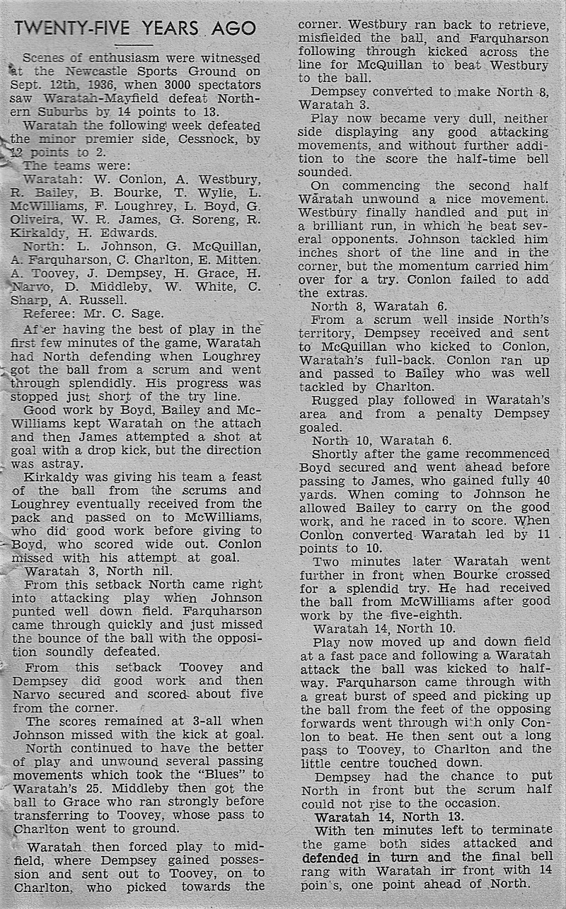 Waratah Mayfield defeat Northern Suburbs 1936.