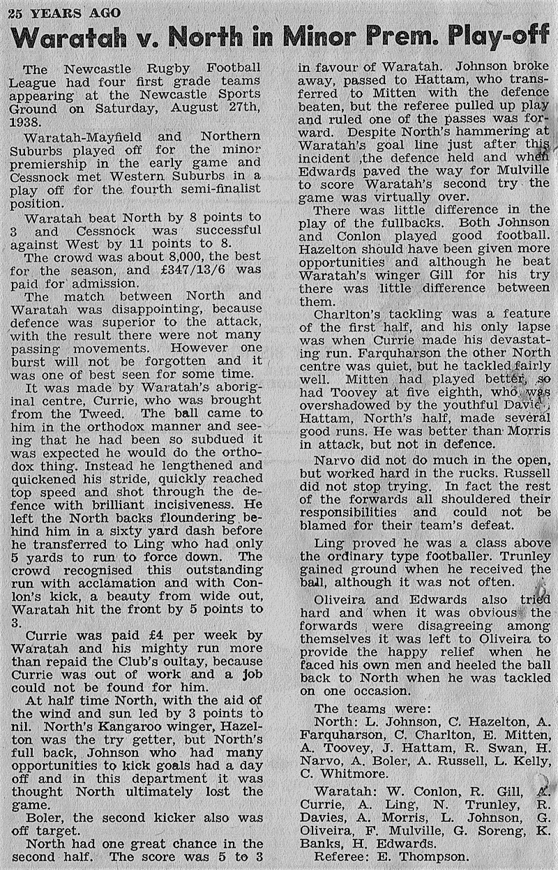 Waratah Mayfield defeat Northern Suburbs 1938.