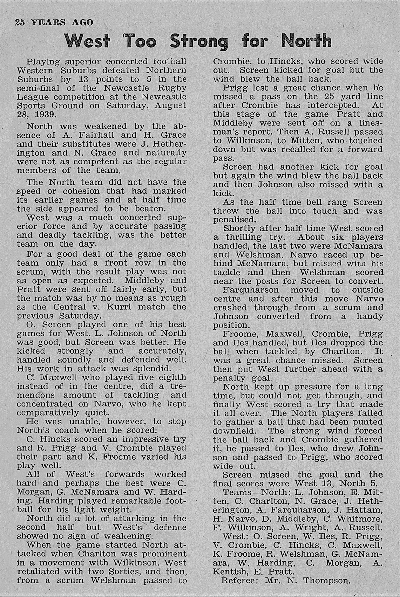 Western Suburbs vs Northern Surburbs Semi Final 1939.