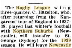 Charlie Hazelton transfers to St George 1938.