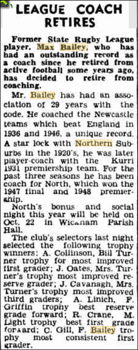 Coach Max Bailey retires 1949.