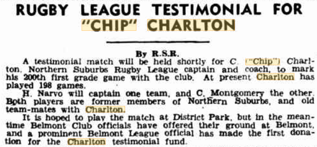 Chip Charlton Testimonial match announced 1945.