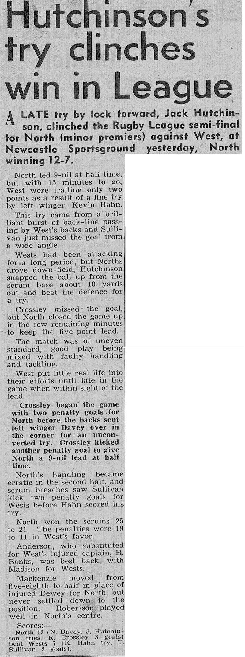 Hutchinson's try clinches Semi Final 1948.