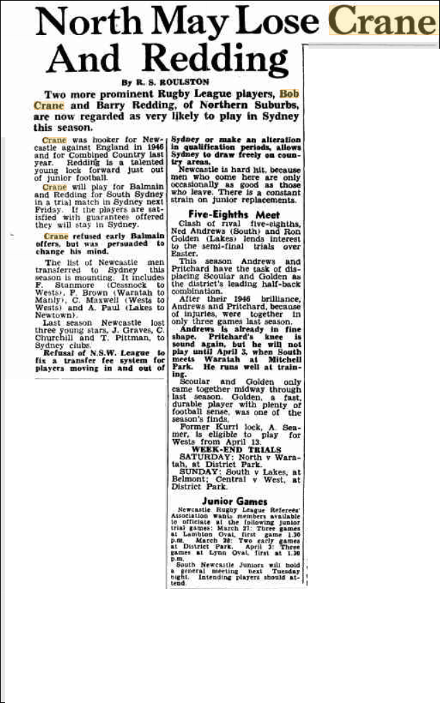 North's may lose Crane and Redding 1948.