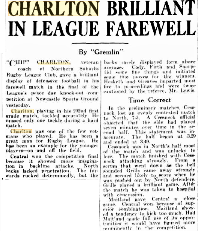 Chip Charlton farewell match 1945