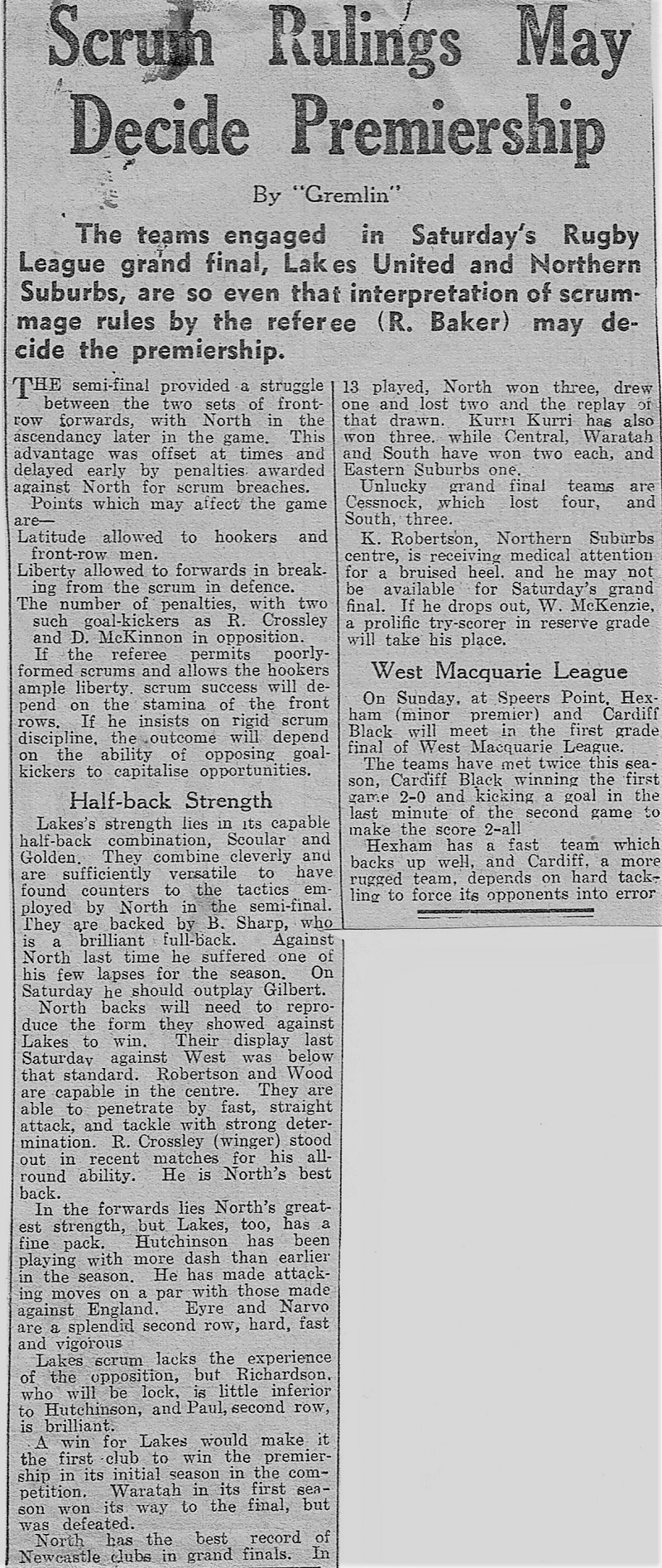 Scrum rulings may decide premiership 1947.