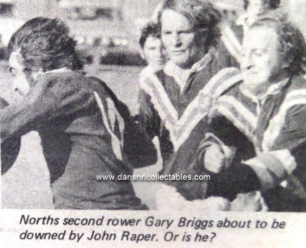 Northern Suburbs 2nd Rower Gary Briggs about to be tackled by Kurri's Johnny Raper