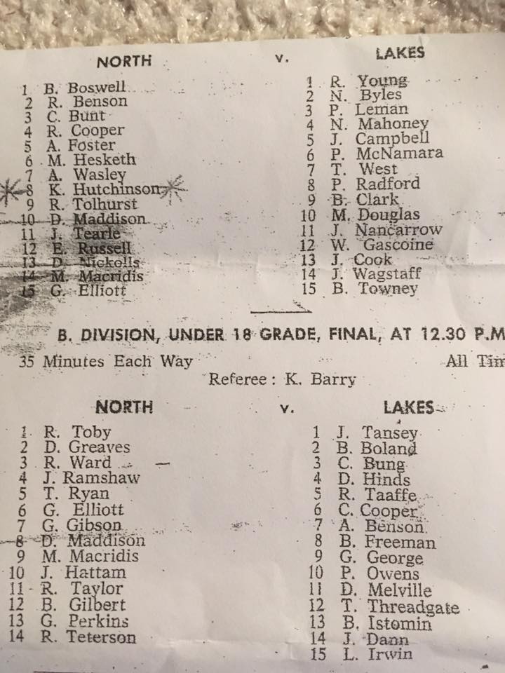 Northern Suburbs vs Lakes Under18's 1964.