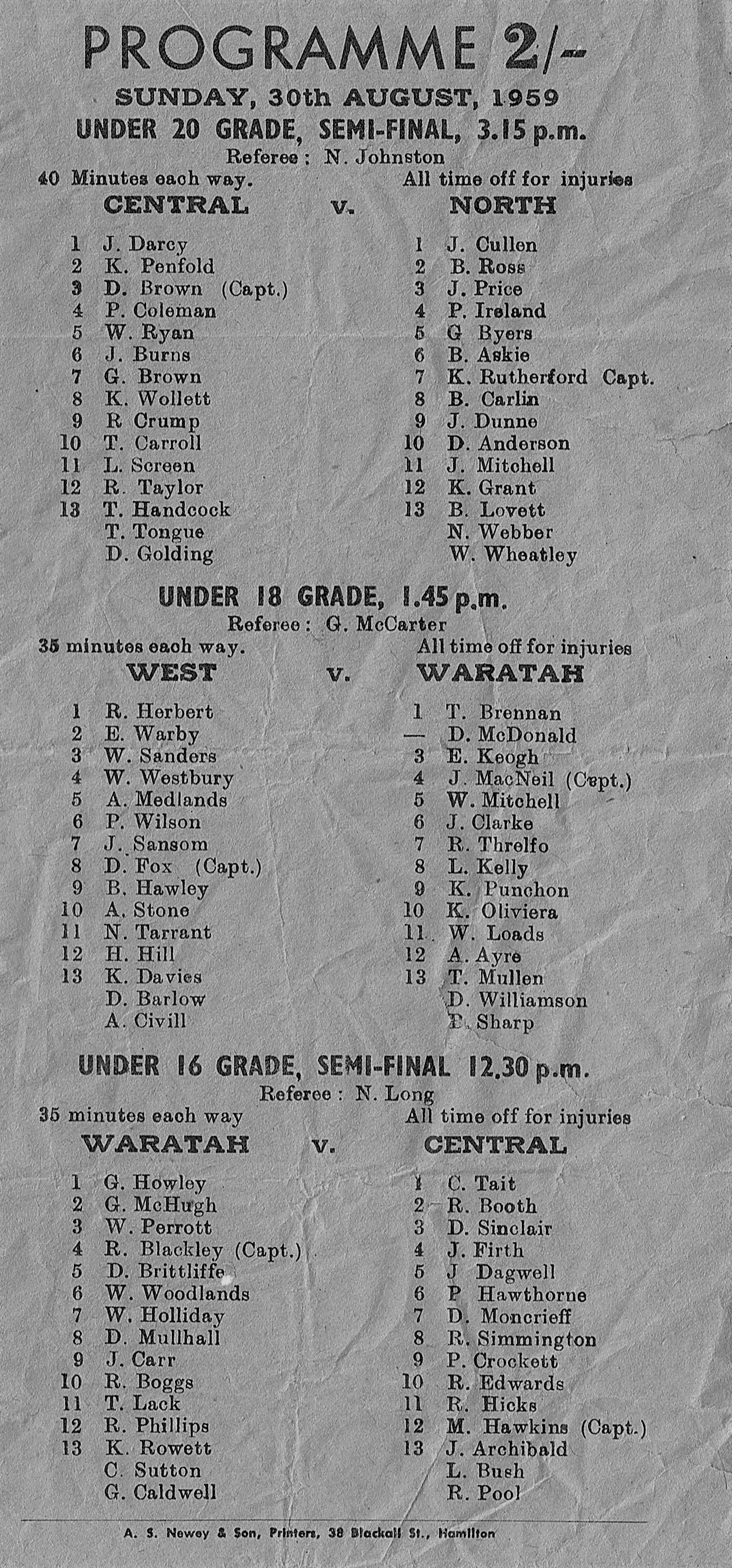 Norths vs Central Under 20's 1959.