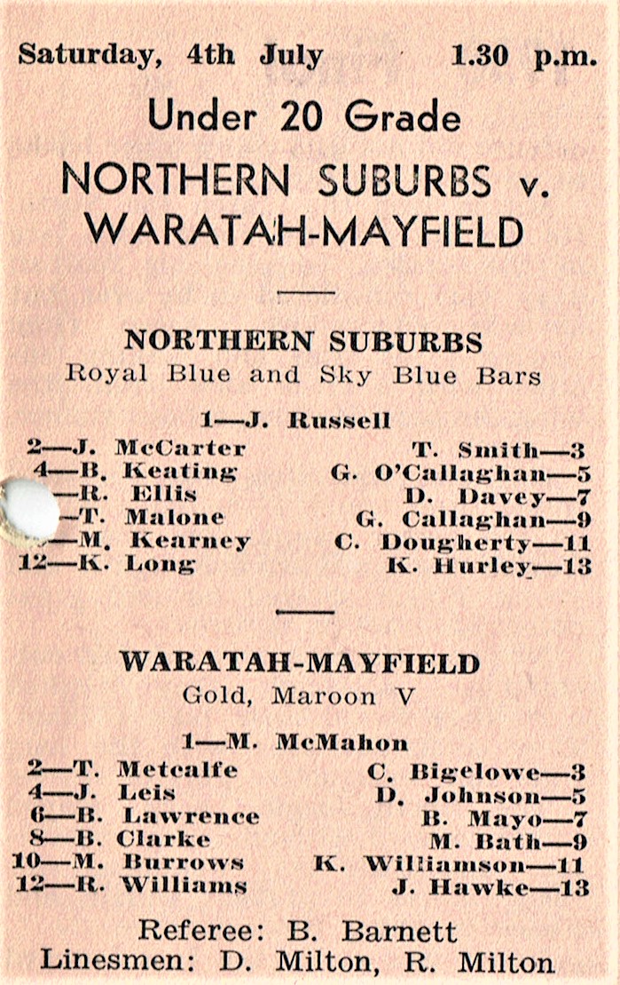Norths vs Waratah Under 20's 1964.