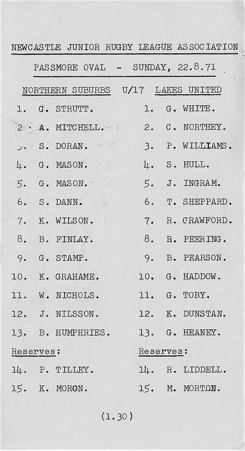 Northern Suburbs vs Lakes United Under 17's 1971.