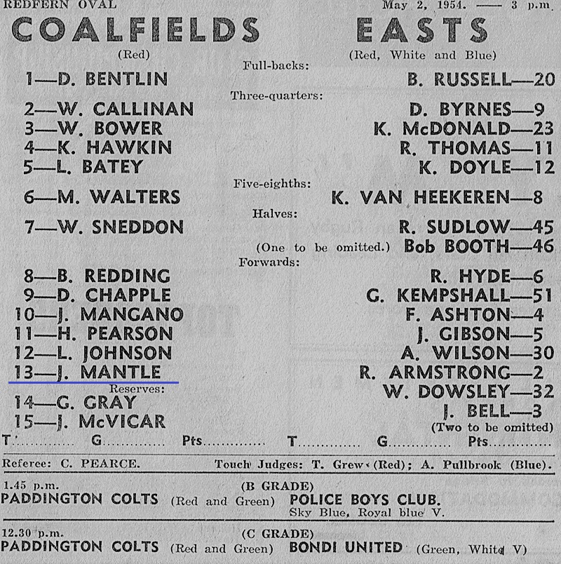 Jack Mantle Representing Coalfields 1954.
