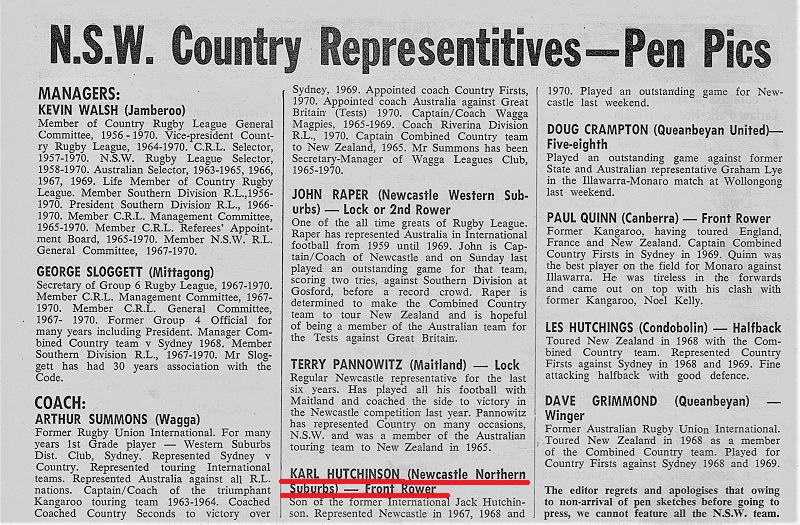 Karl Hutchinson NSW Country Pen Pics 1970.