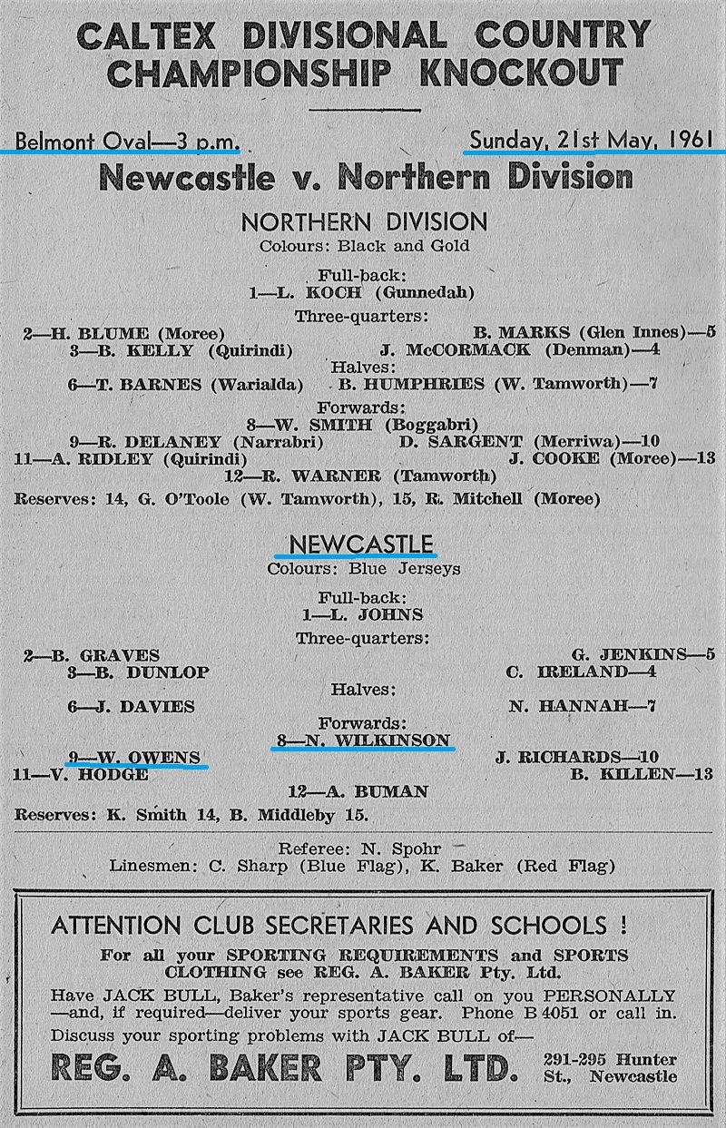 Newcastle vs Northern Division 21st May 1961.