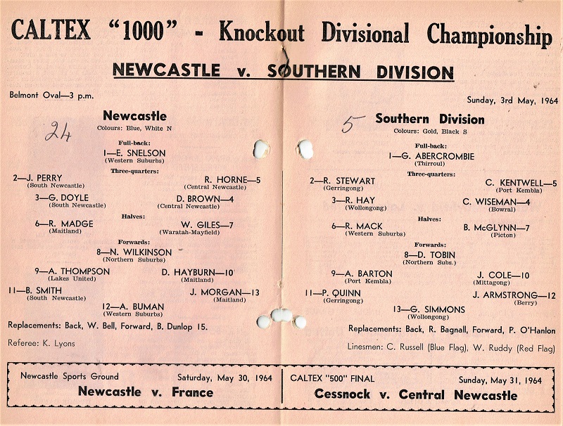 Newcastle vs Southern Division 3rd May 1964.