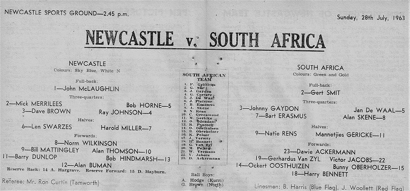 Newcastle vs Sth Africa 28th July 1963.