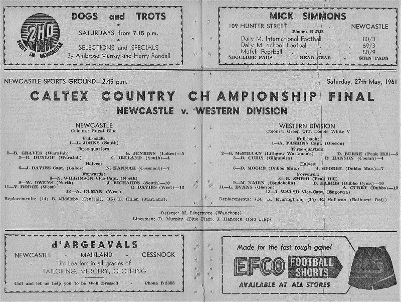 Newcastle vs Western Division 27th May 1961.