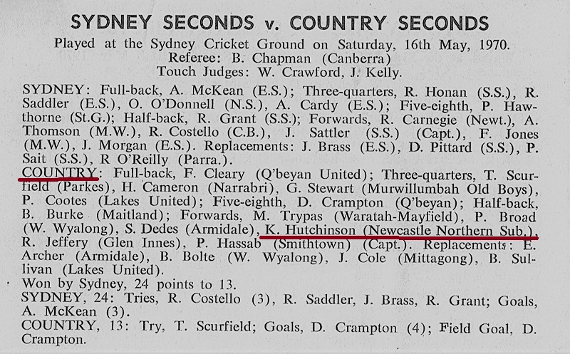 Karl Hutchinson NSW Country Seconds 1970.