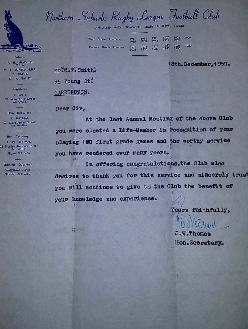 Charlie Smith Life Membership 1959.