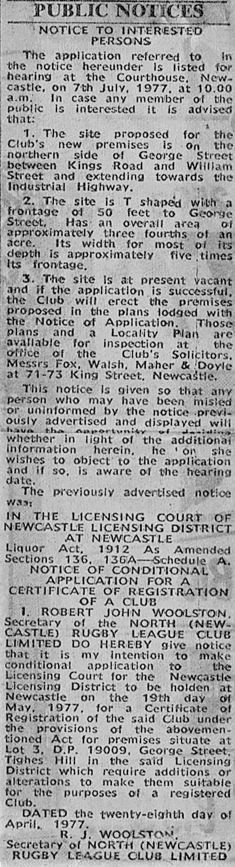 Application for Leagues Club 1977.