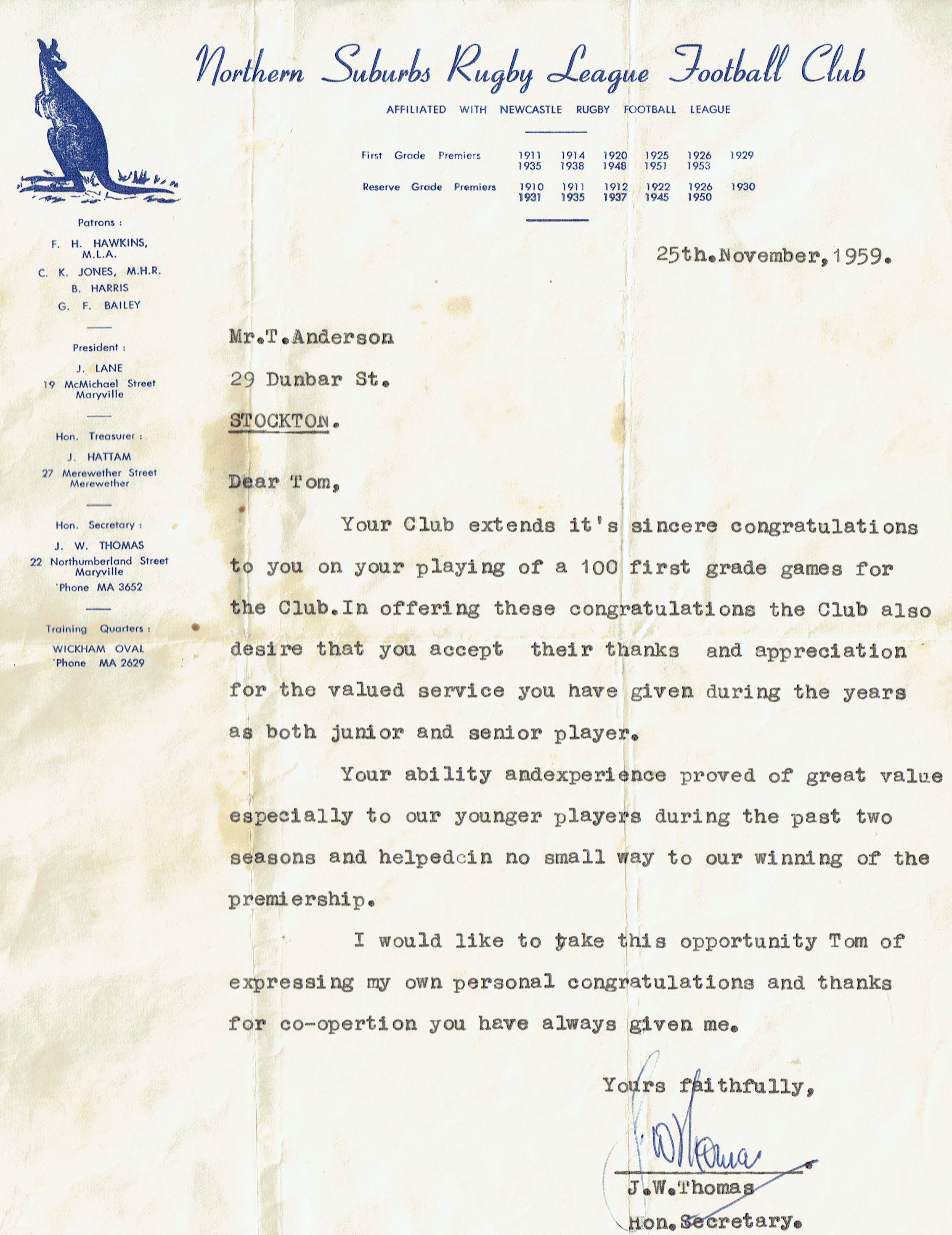 Tom Anderson - Life Membership 1959.