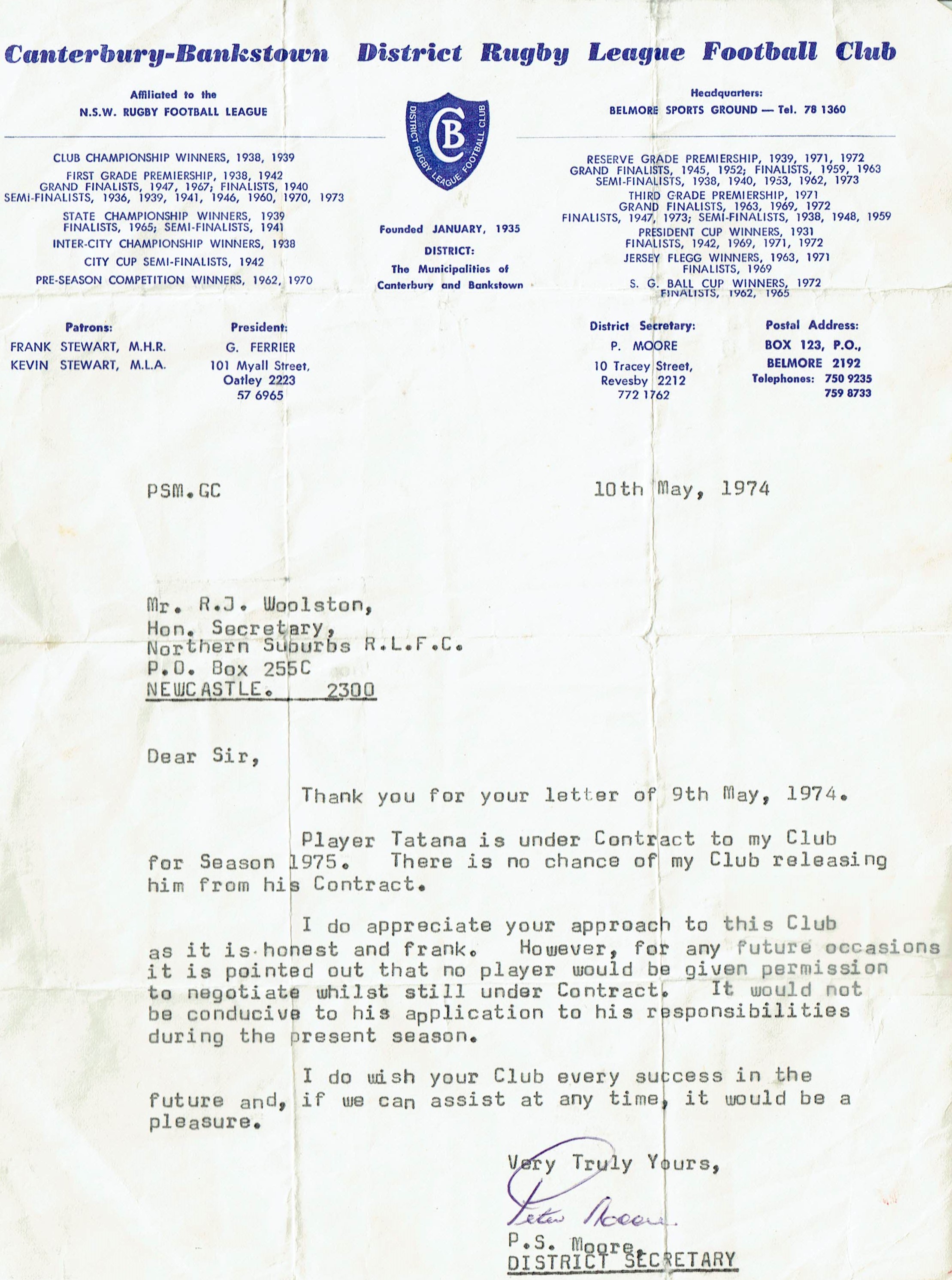 Letter from Canterbury CEO Peter Moore 1974.